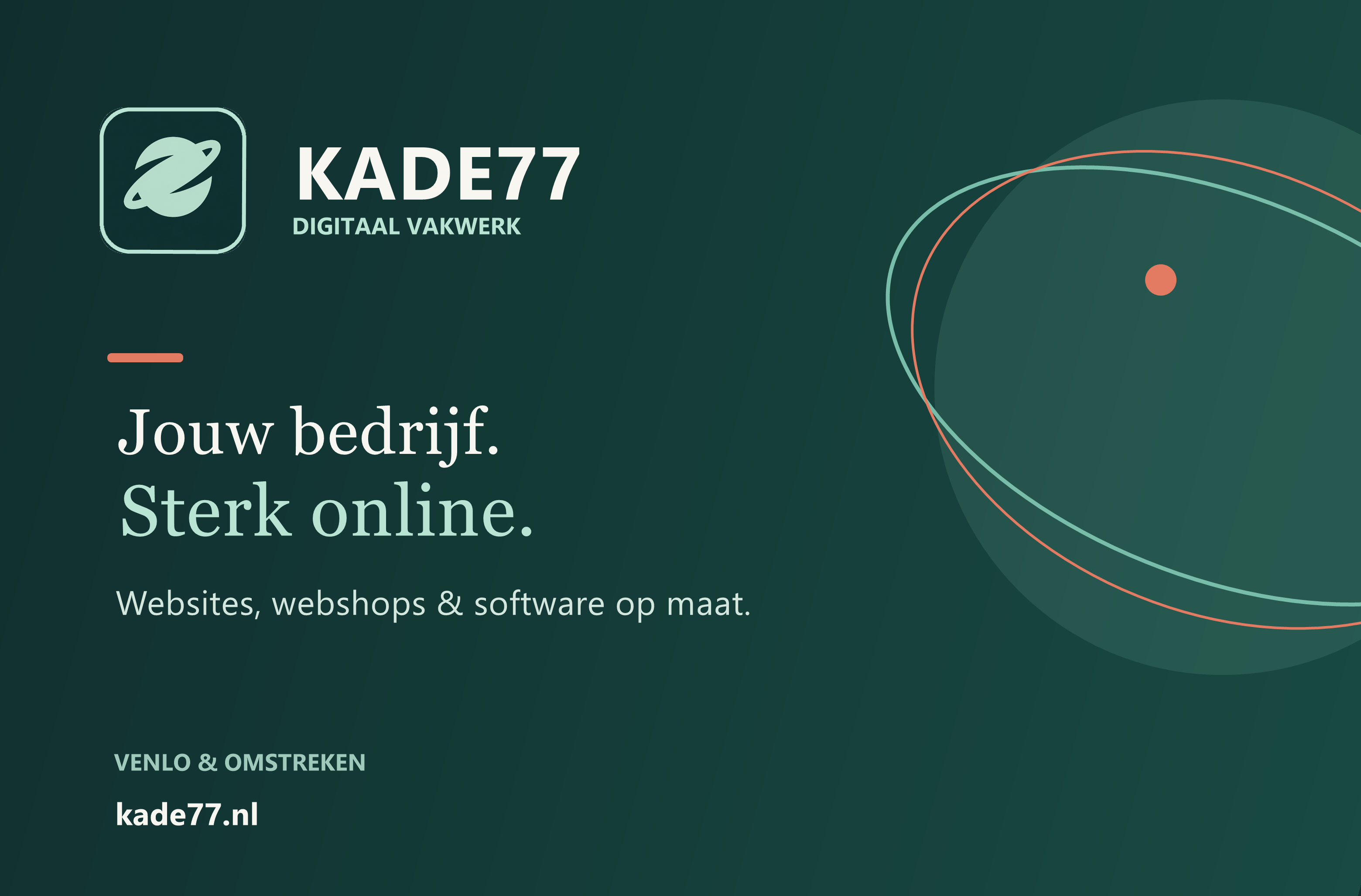 Voorkant van het Kade77-visitekaartje: donkergroen met het Kade77-logo, digitaal vakwerk en websites, webshops en software op maat.