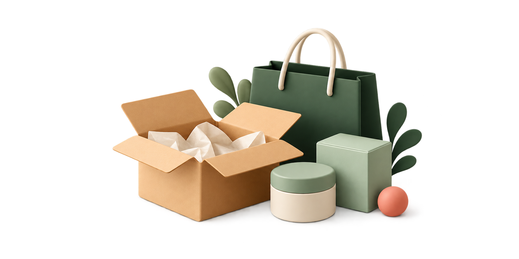 Illustratie van een webshop met producten, een pakket en een boodschappentas